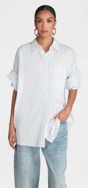 KBB by KAHLANA The Tucked Sleeve Shirt - Cream Striped Short Sleeve Button-Down
